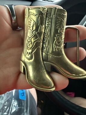Gold Cowboy Boot Belt Buckle - Western Embossed Design